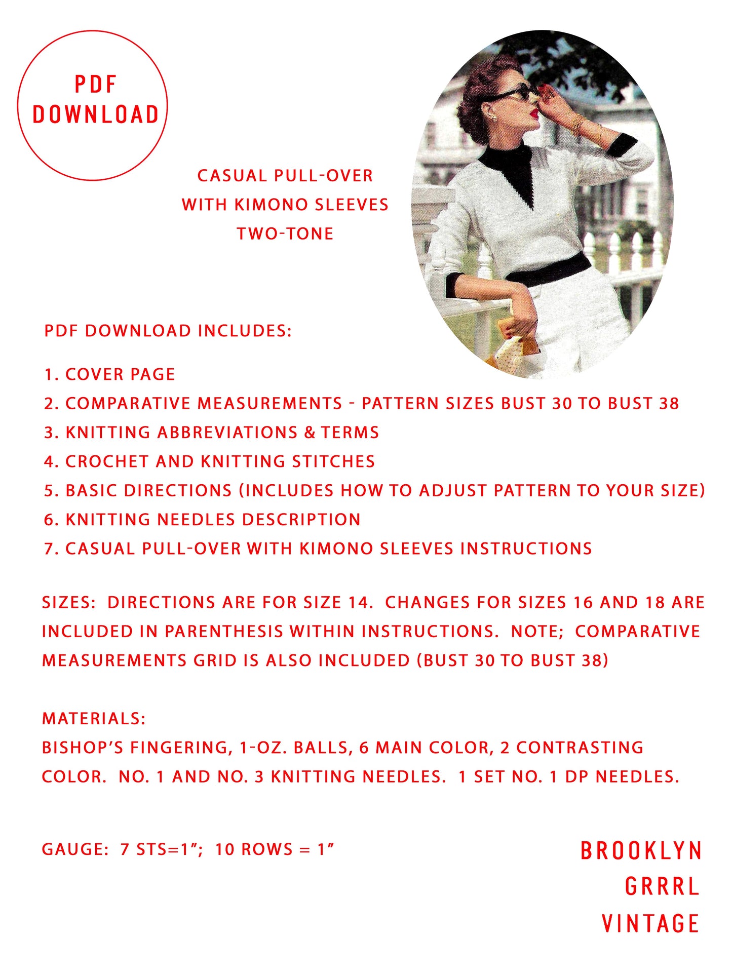 1950s Vogue Pullover with Kimono Sleeves / Knitting Pattern