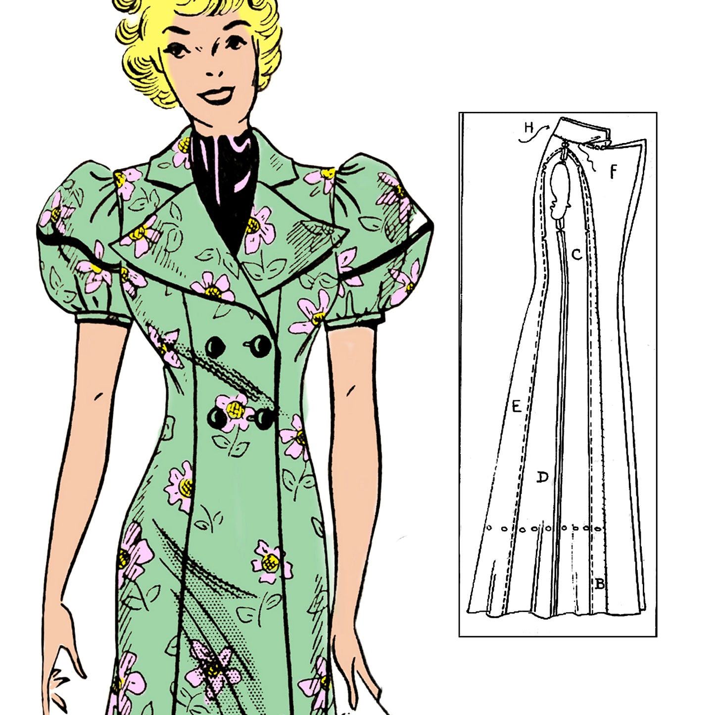 PDF Pattern 1930's Harlow Dress / Robe/ Bust 38