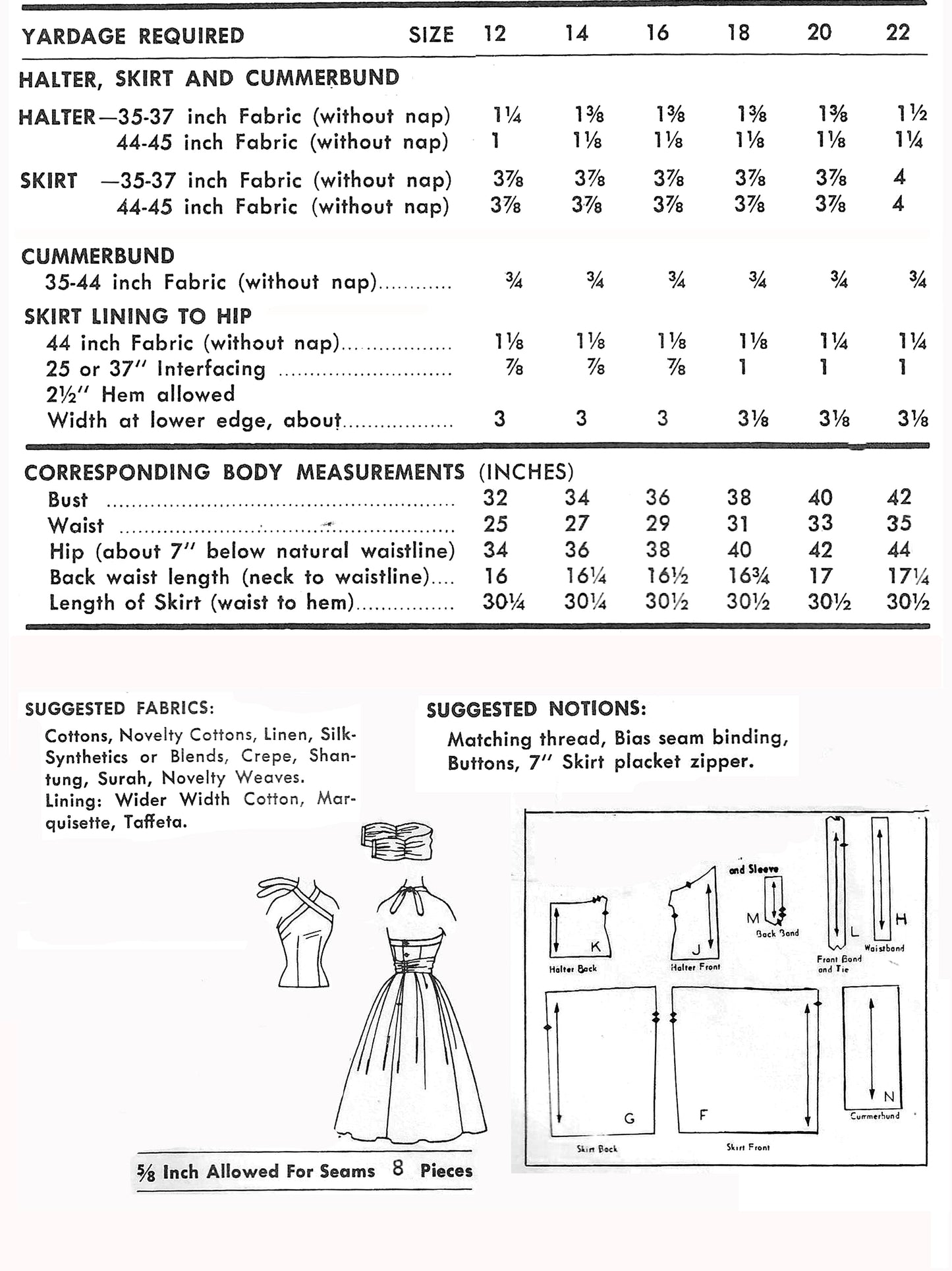 PAPER Pattern - 1950s Halter & Full Skirt / Multiple Sizes