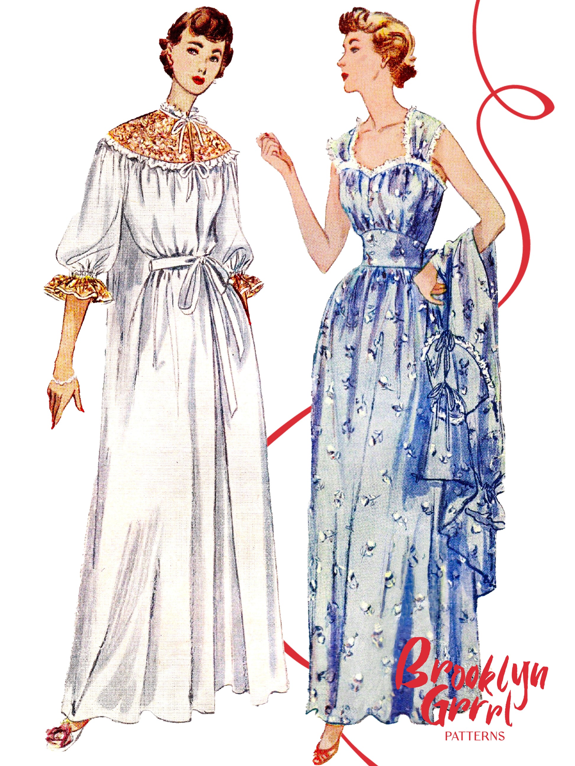 Two women wearing vintage dresses with 'Brooklyn Girl Patterns' branding.