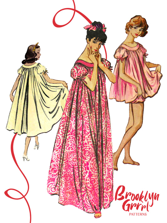 Illustration of three women in vintage-style nightgowns with 'Brooklyn Girl Patterns' branding.
