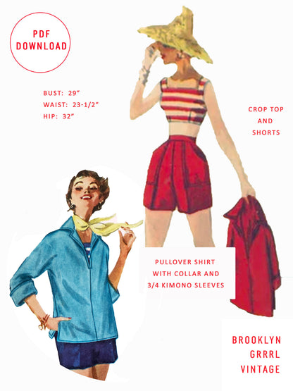 PDF Pattern - 1950's Skirt, Tops and Shorts Ensemble / Bust 29