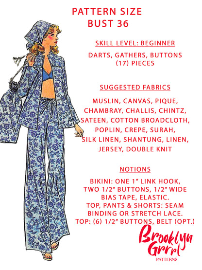 PDF Pattern - 1970's Separates Mix and Match Pants, Shorts, Bikini, Blouse, Scarf and Tote Bag / Bust 36