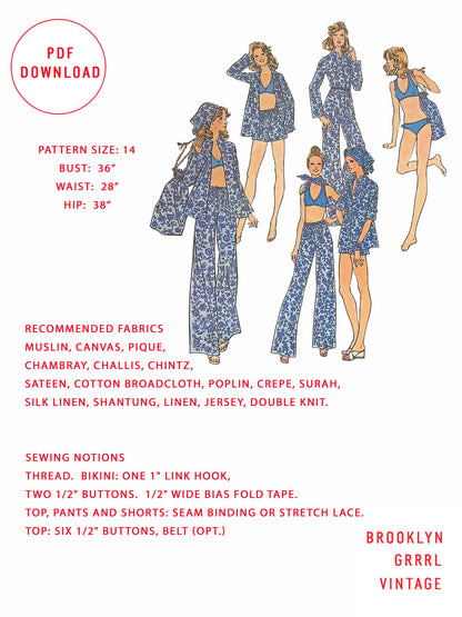 PDF Pattern - 1970's Separates Mix and Match Pants, Shorts, Bikini, Blouse, Scarf and Tote Bag / Bust 36