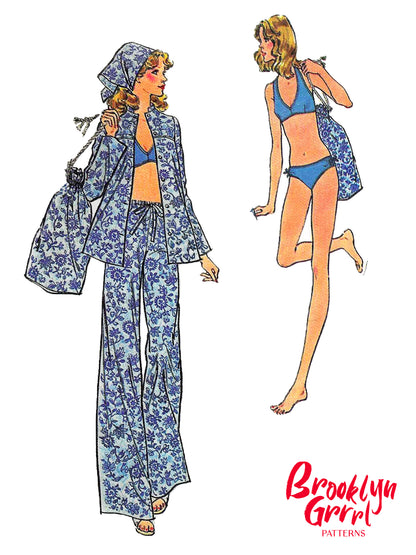 PDF Pattern - 1970's Separates Mix and Match Pants, Shorts, Bikini, Blouse, Scarf and Tote Bag / Bust 36