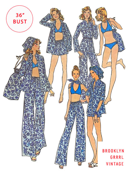 PDF Pattern - 1970's Separates Mix and Match Pants, Shorts, Bikini, Blouse, Scarf and Tote Bag / Bust 36