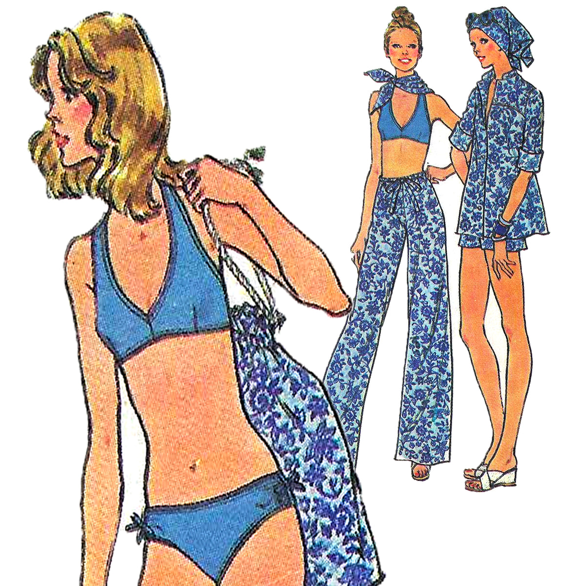 PDF Pattern - 1970's Separates Mix and Match Pants, Shorts, Bikini, Blouse, Scarf and Tote Bag / Bust 36