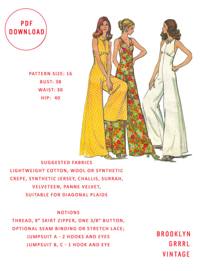 PDF Pattern - 1970s Jumpsuit / Multiple Sizes
