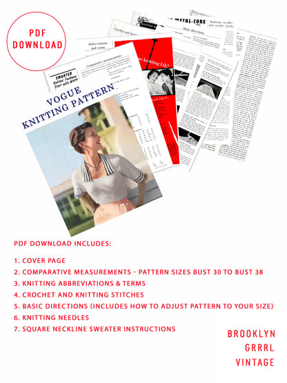 1950s Vogue Square Neck Sweater / Knitting Pattern