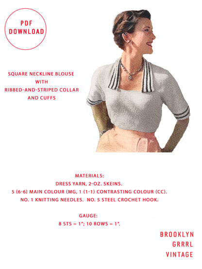1950s Vogue Square Neck Sweater / Knitting Pattern