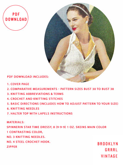 1950s Vogue Halter Top with Lapels / Knitting Pattern