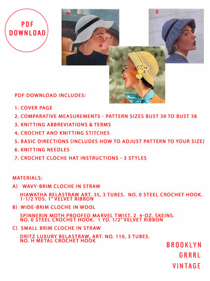 1950s Vogue Cloche Hats / Crochet Pattern