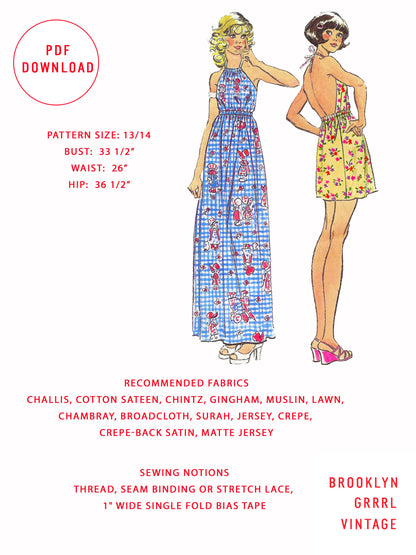 PDF Pattern - 1970's Halter Maxi Dress and Halter Mini Dress / Bust 33