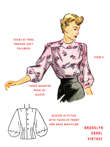 PAPER Pattern - 1940's Evening Blouse with Balloon or Lantern Sleeves / Bust 30