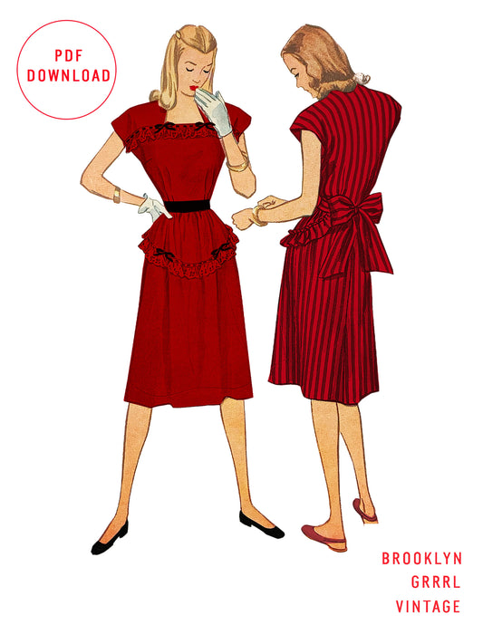 PDF Pattern - 1940's Dress with Trim Detail and Bow  / Bust 30