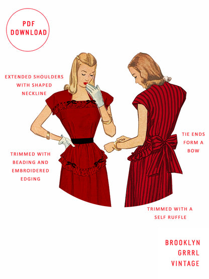 PDF Pattern - 1940's Dress with Trim Detail and Bow  / Bust 30