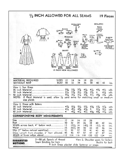 PAPER Pattern - 1940's Bellissima Sun Dress with Bolero Jacket  / Bust 34