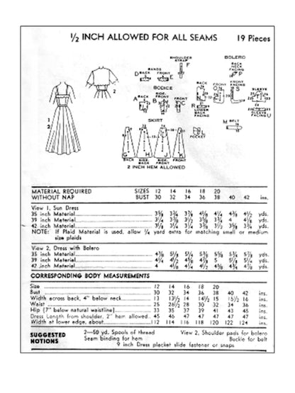 PDF Pattern - 1940's Bellissima Sun Dress with Bolero Jacket  / Bust 34