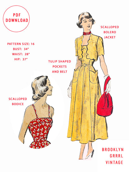 PDF Pattern - 1940's Bellissima Sun Dress with Bolero Jacket  / Bust 34
