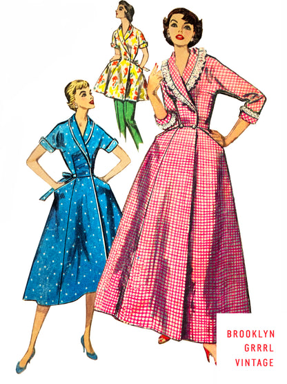 Illustration of three vintage fashion patterns for a wrap around brunch coat or housecoat, featuring different lengths and styles, with the brand name 'Brooklyn Grrrl Vintage' at the bottom.