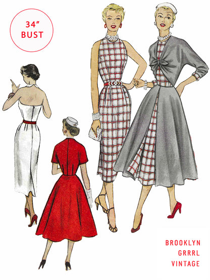 Illustration of three vintage 1950s dresses from the Brooklyn Grrrl Vintage collection, showcasing a range of styles and patterns, including a checkered dress, a solid color dress, and a dress with a overcoat. The image indicates the dresses are designed with a bust size of 34 inches.