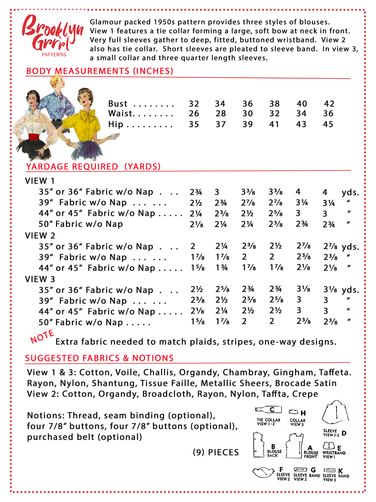 PDF Pattern - 1950s Blouses / Multiple Sizes