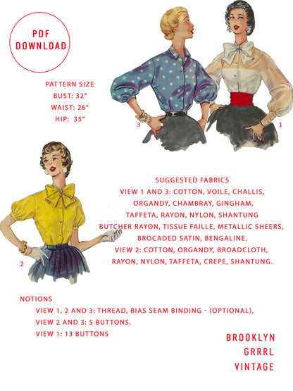 PDF Pattern - 1950s Blouses / Multiple Sizes