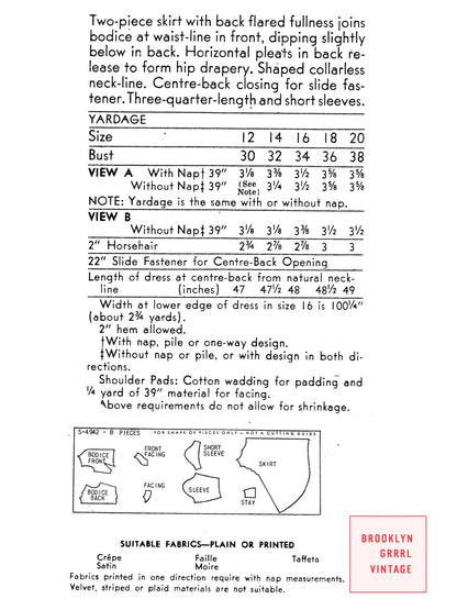 PDF Pattern - 1940's Dress with Back Pleating / Bust 34