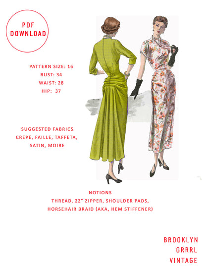 PDF Pattern - 1940's Dress with Back Pleating / Bust 34