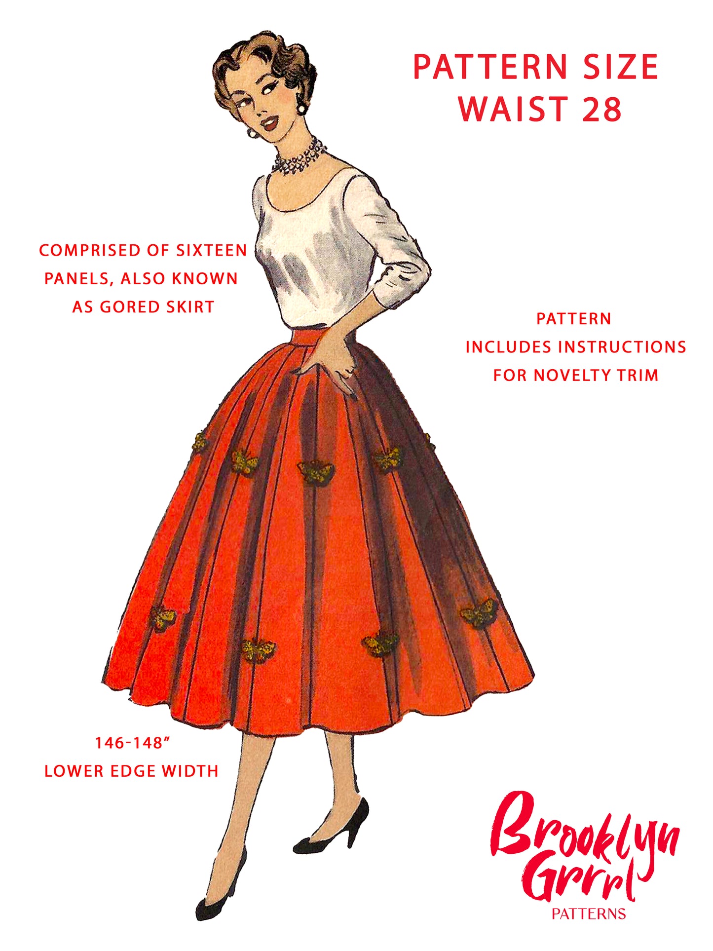 PDF Pattern - 1950's Sixteen Panel Skirt / Waist 28"