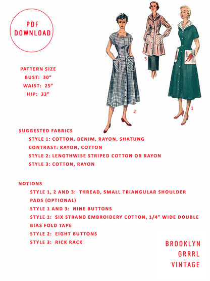 PDF Pattern  1940s Day Dress / Smock with Pockets / Bust 30