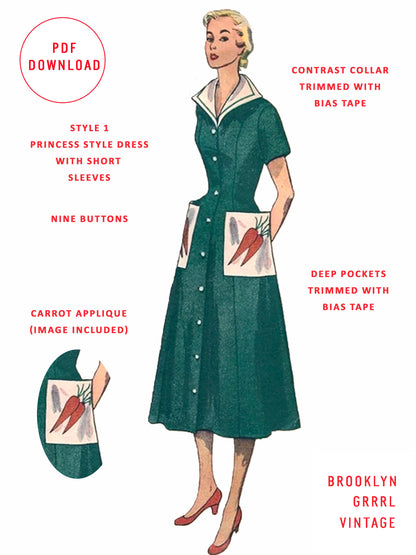 PDF Pattern  1940s Day Dress / Smock with Pockets / Bust 30