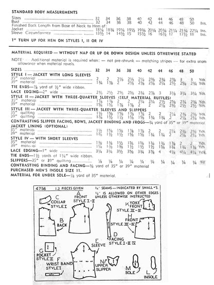 PAPER Pattern  1940's 'Breakfast in Bed' Jacket and Slippers / Bust 38