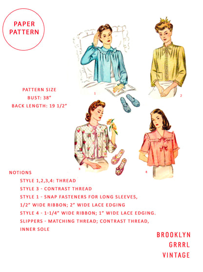 PAPER Pattern  1940's 'Breakfast in Bed' Jacket and Slippers / Bust 38