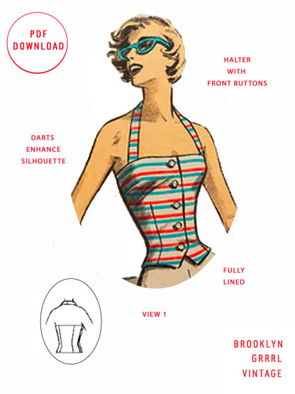 PDF Pattern - 1950's Halter and Crop Top / Multiple Sizes