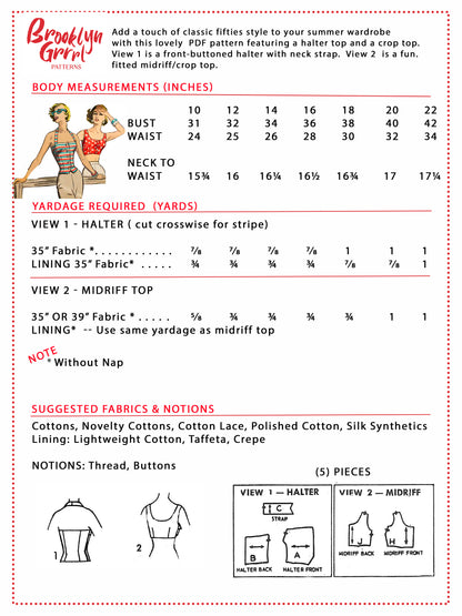PDF Pattern - 1950's Halter and Crop Top / Multiple Sizes