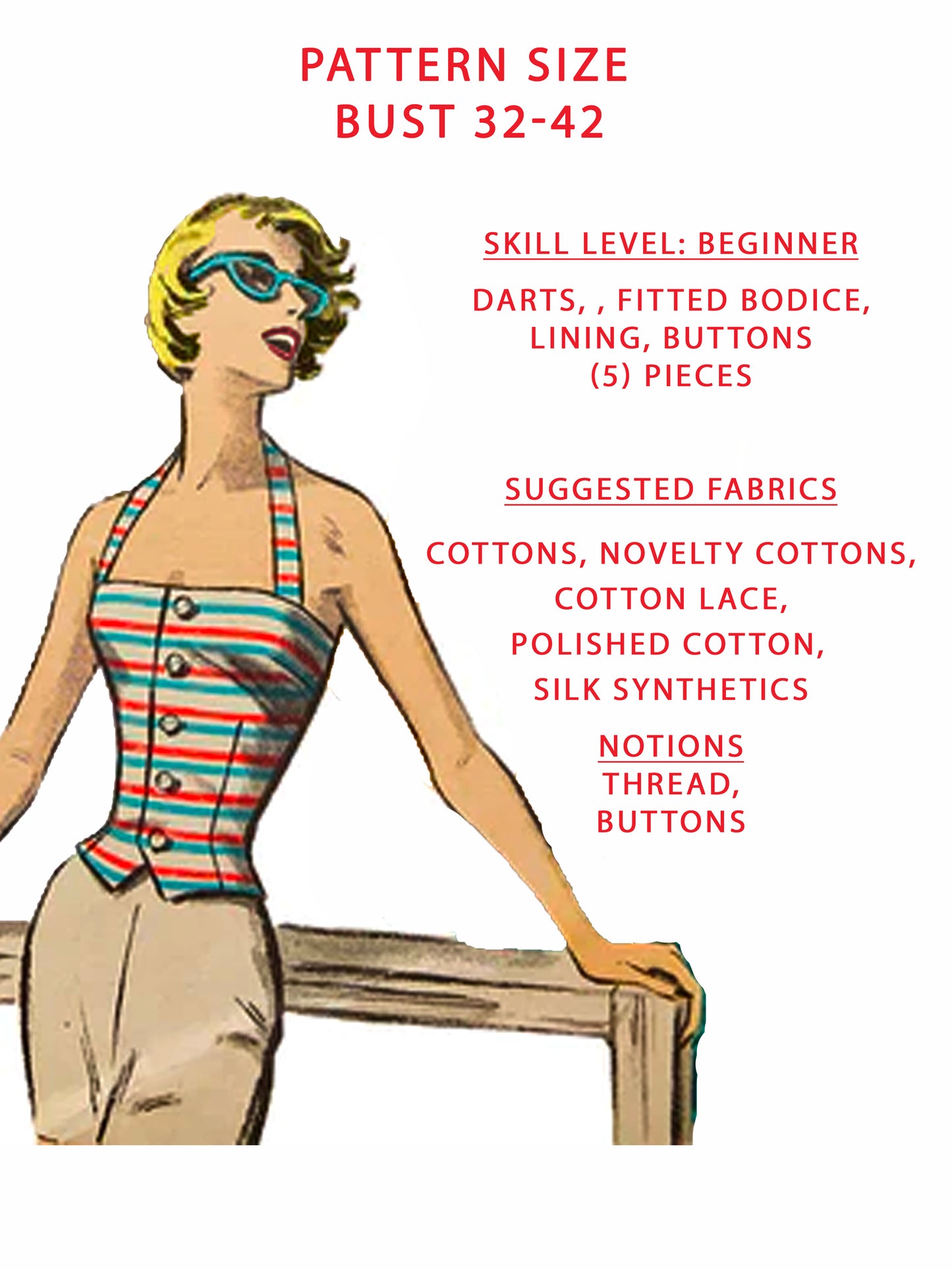 PDF Pattern - 1950's Halter and Crop Top / Multiple Sizes