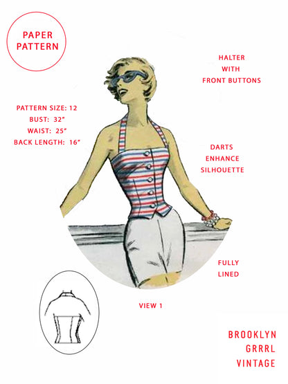 PAPER Pattern  1950's Halter Top in Four Styles / Bust 32