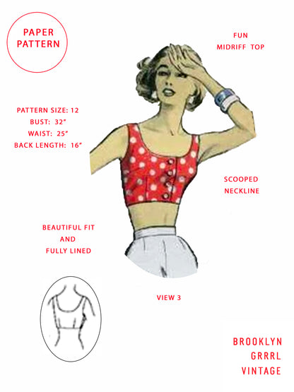 PAPER Pattern - 1950's Halter and Crop Top / Multiple Sizes