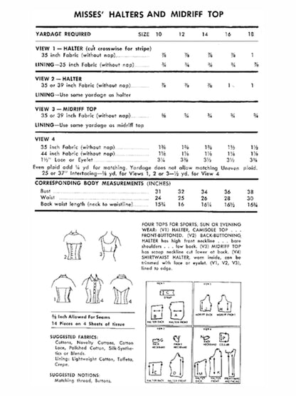 PAPER Pattern  1950's Halter Top in Four Styles / Bust 32