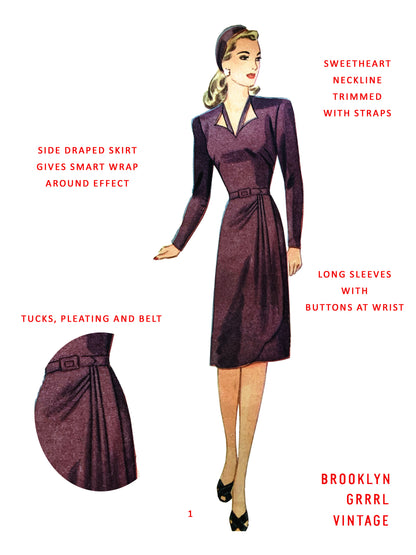 PDF Pattern - 1940s Sweetheart Neckline Dress / Bust 36