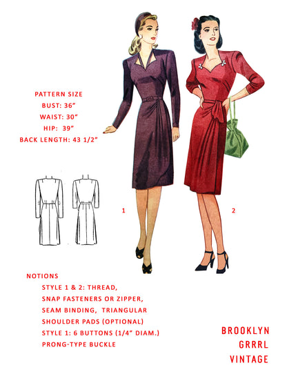 PDF Pattern - 1940s Sweetheart Neckline Dress / Bust 36