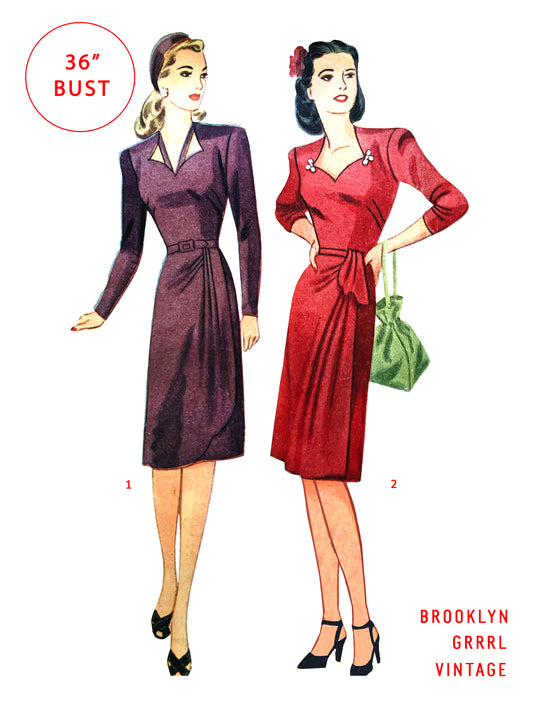 PAPER Pattern - 1940s Sweetheart Neckline Dress / Bust 36