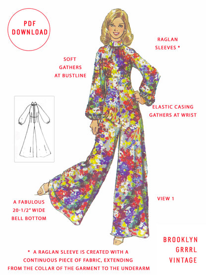PDF Pattern - 1970's Jumpsuit with Raglan Sleeves / Bust 34