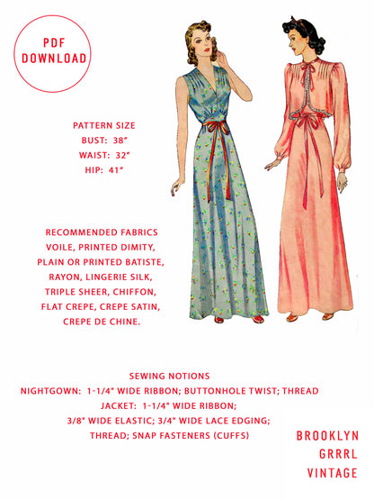 PDF Pattern - 1940s Nightgown and Bed Jacket  / Bust 38