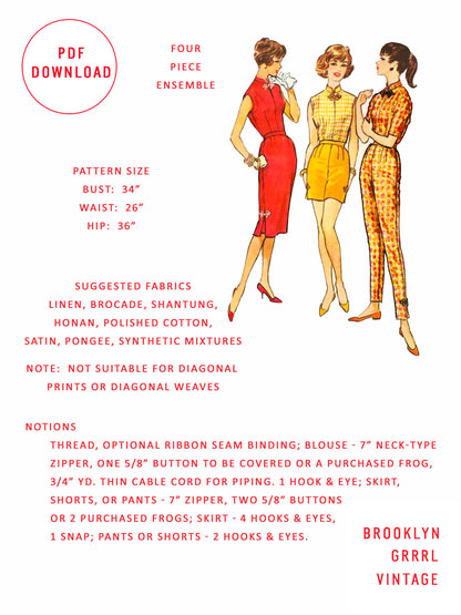 PDF Pattern - 1950s Four Piece Ensemble / Bust 34