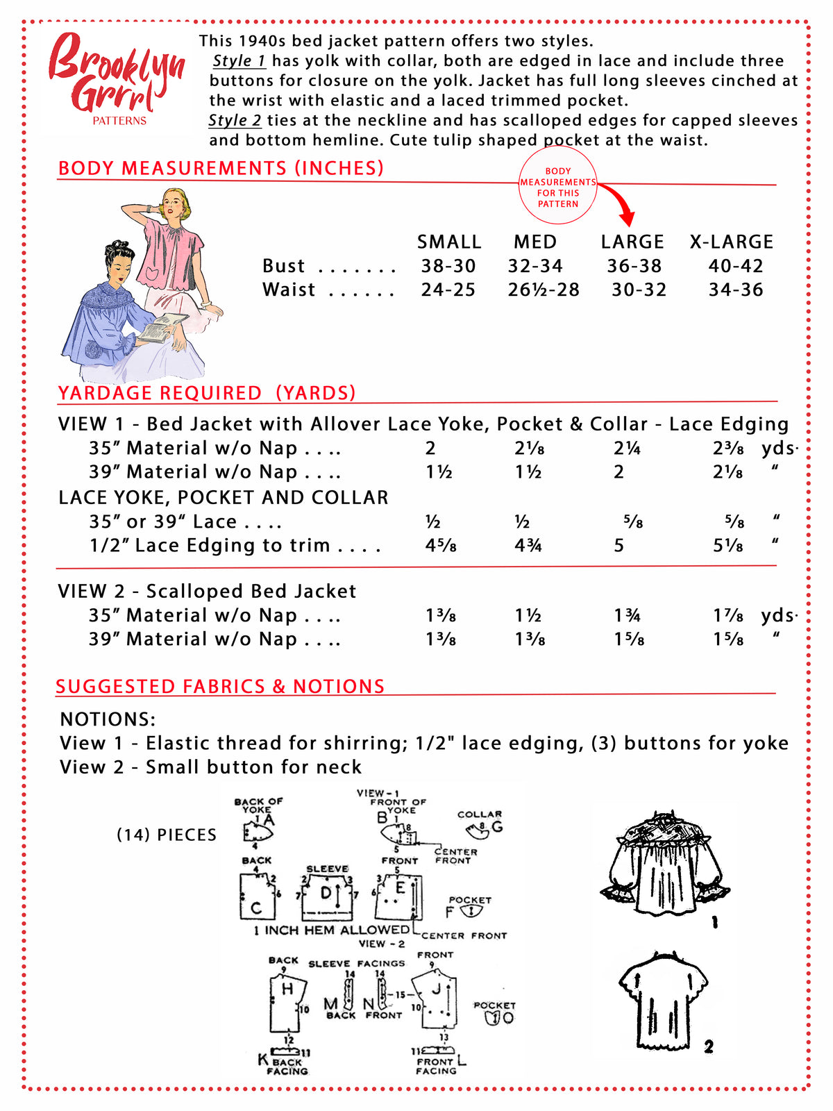 PDF Pattern  1940s Bed Jacket / Bust 36-38