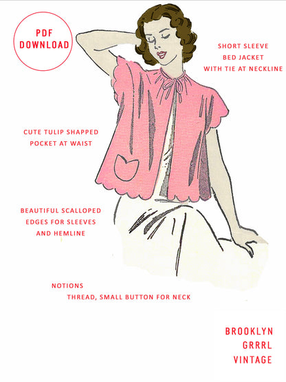 PDF Pattern  1940s Bed Jacket / Bust 36-38