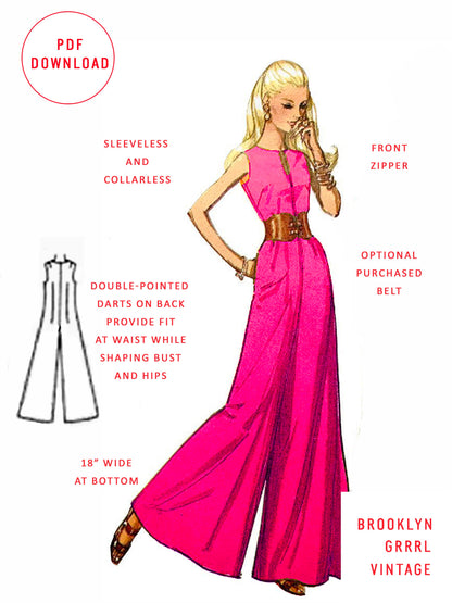 PDF Pattern - 1970's Jumpsuit with Front Zipper / Multiple Sizes