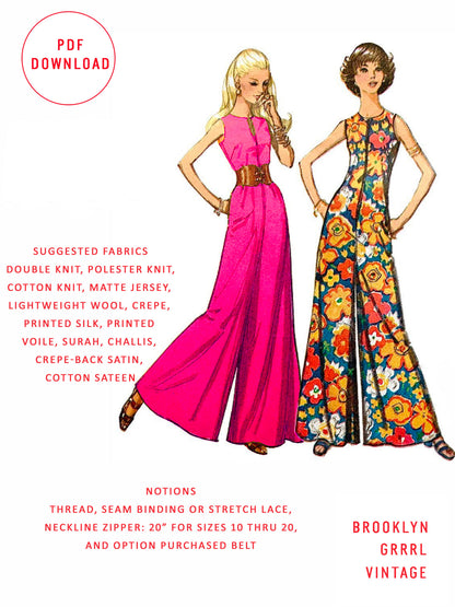 PDF Pattern - 1970's Jumpsuit with Front Zipper / Multiple Sizes